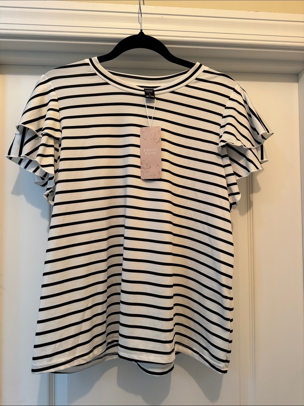Emery Rose Black & White Stripe Ruffle Sleeve Tee